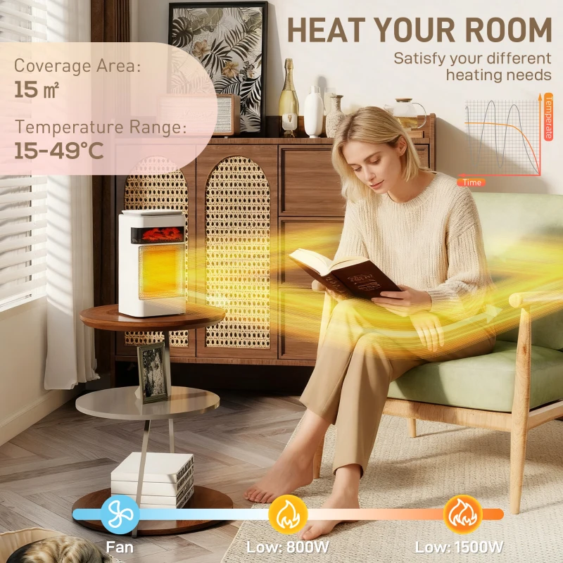 HOMCOM Ceramic Electric Heater, 1500W Fan Space Heater with 3 Modes, 24H Timer, Flame Effect, Oscillation for Bedroom, White