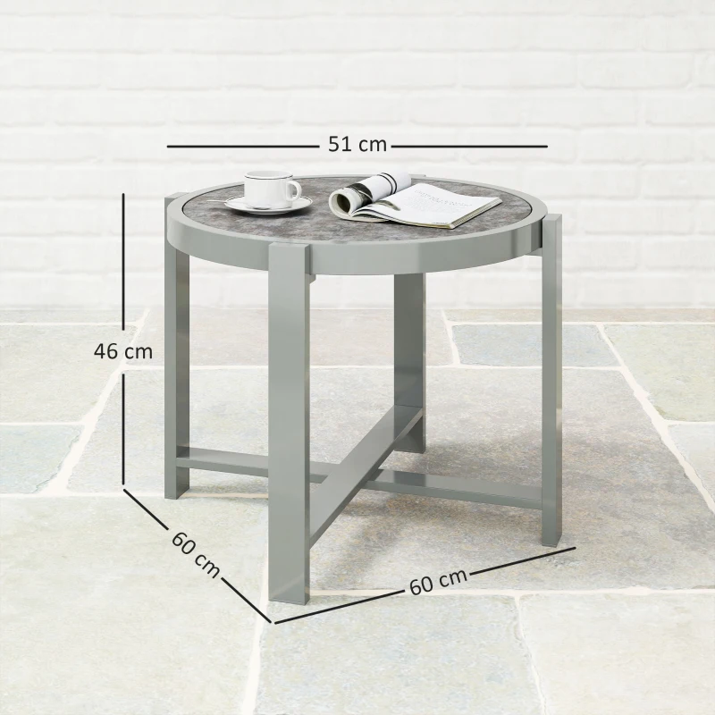 Outsunny Masă laterală rotundă pentru grădină/balcon, aluminiu rezistent la intemperii, aspect marmură, gri