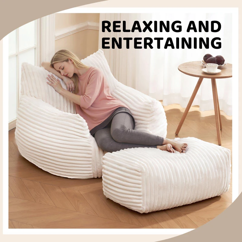 Soft Bean Bag Chair with Footrest and High-Density Shredded Foam, Modular Ergonomic Sofa with Breathable Fabric, 117L x 98W x 75H cm, White