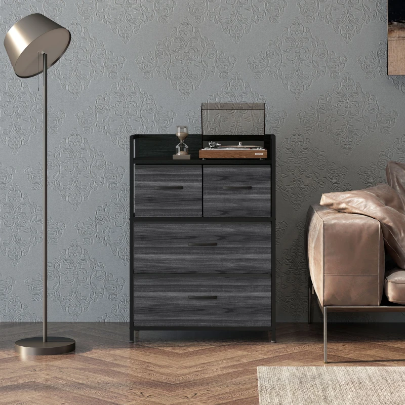 HOMCOM Comodă, Bufet, 4 sertare din material textil, Design industrial, 60x29x85cm, Negru