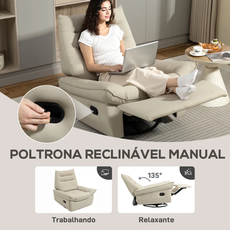 HOMCOM Poltrona Relax Reclinável Manual Giratória Função Baloiço Estofada em PU Reclinável até 135º 97x94x98 cm Creme