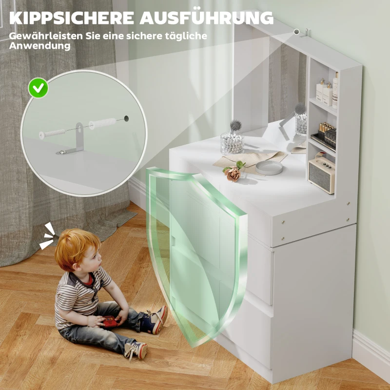 HOMCOM Masă de machiaj, masă pentru machiaj cu oglindă mare, 4 sertare, 3 compartimente deschise, 2 dulapuri, MDF, Alb