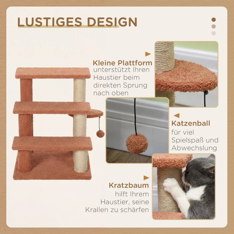 PawHut Kratzbaum, Haustiertreppe, 3 Stufen, Spielball, bis 5 kg, 45x40x48cm, Braun