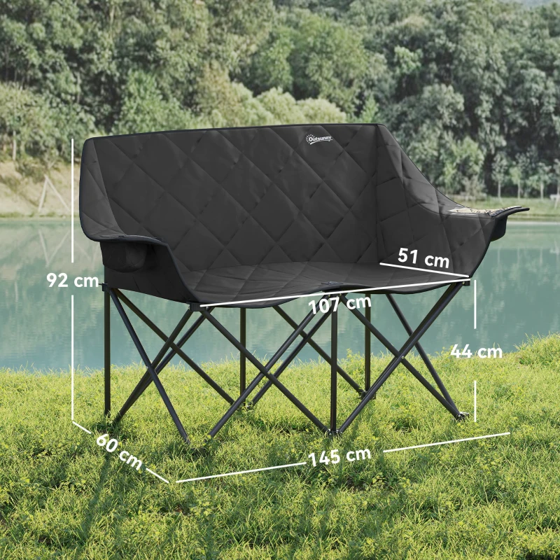 Outsunny Scaun pliabil 2 locuri, scaun de camping pliabil cu geantă de transport, outdoor, suportă până la 250 kg, 145 x 60 x 92 cm, Negru