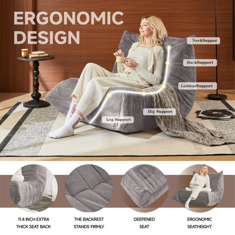 Soft Corduroy Floor Chair with Neck, Lumbar Support and Deep Seat, Skin-Friendly Sofa with Anti-Slip Base, 105L x 95W x 85H cm, Light Gray