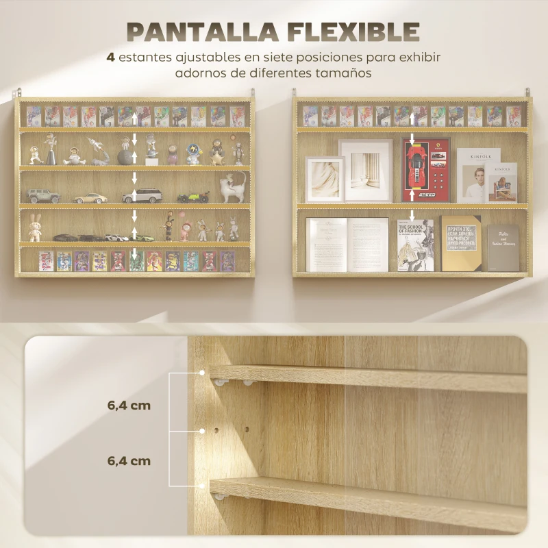 HOMCOM Vitrina de Pared de Madera con Estantes Ajustables y 2 Puertas Correderas de Cristal 80x9,5x60 cm Roble