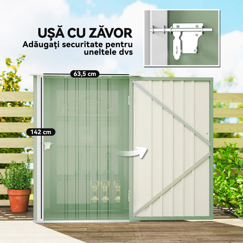 Outsunny Căsuță de Grădină 0,92m² din Oțel Galvanizat, Depozit pentru Unelte cu Ușă Blocabilă, Acoperiș Înclinat, 100x104x160 cm, Verde Deschis