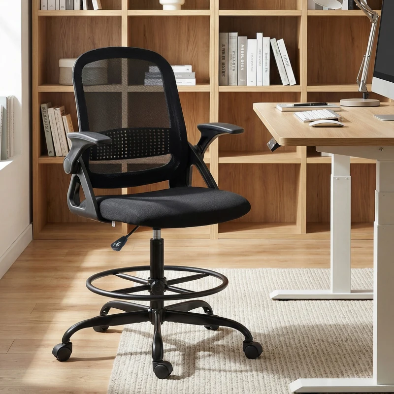 HOMCOM Mesh-Bürostuhl, Computerstuhl mit klappbaren Armlehnen, höhenverstellbar, Fußstütze, schwarz