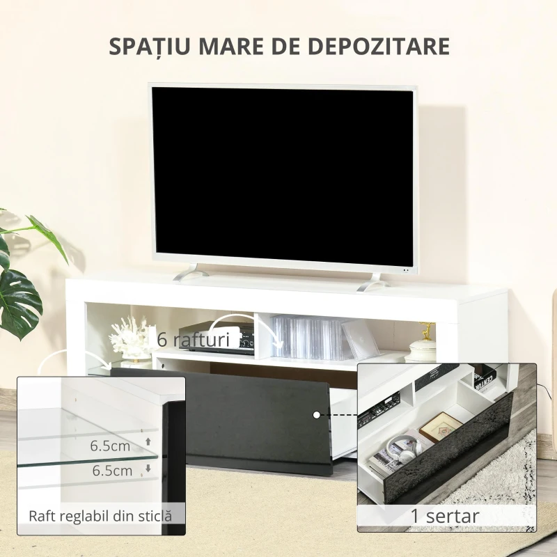 HOMCOM Suport tv cu lumini led multicolore și telecomandă pentru televizoare până la 55", Alb