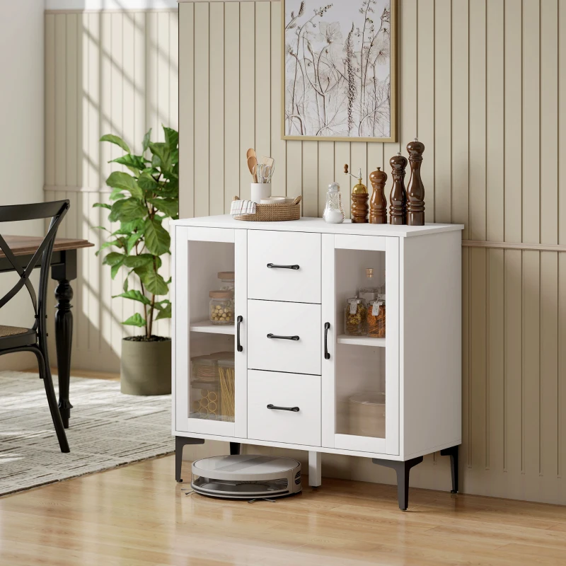 HOMCOM Bufet modern cu uși Soft-Close, bufet cu 3 sertare, 2 uși din sticlă, rafturi reglabile, MDF, Alb