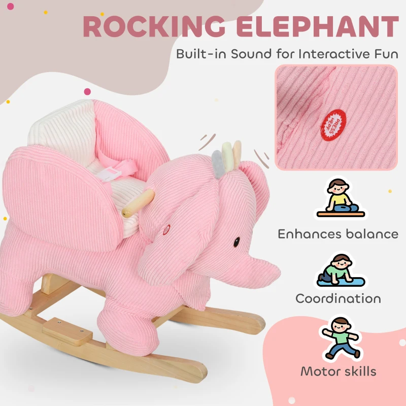 AIYAPLAY Kids Rocking Horse, Baby Ride on Elephant Rocker with Safety Belt and Sound for Toddlers 18 to 36 Months, Pink