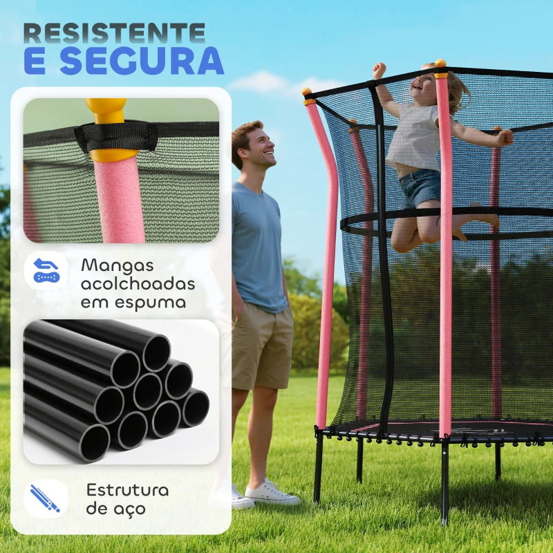 HOMCOM Trampolim para Crianças Cama Elástica Infantil com Rede de Segurança para Interiores e Exteriores Ø163,5x190 cm Rosa