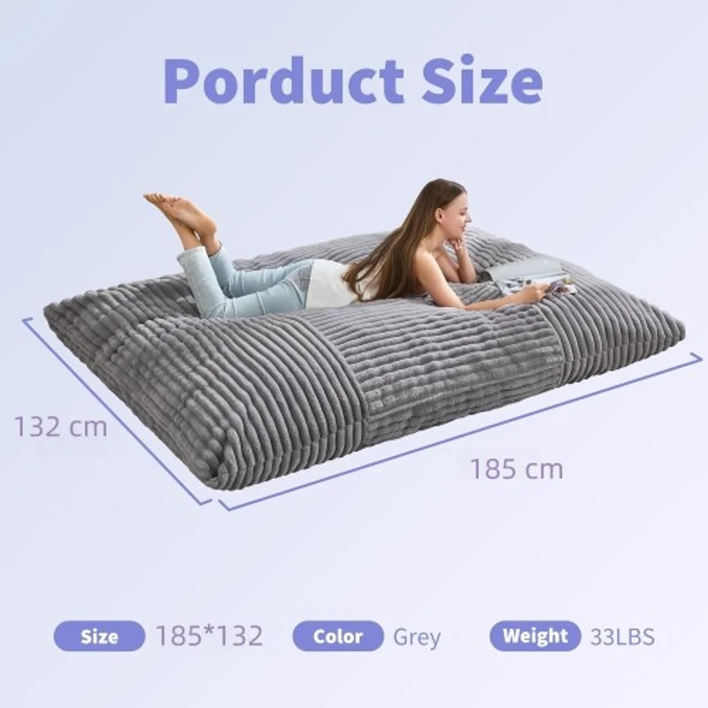 3-In-1 Convertible Bean Bag Chair with Corduroy Fabric, Memory Foam Lounger with Removable, Washable Cover, 185L x 132W cm, Light Gray