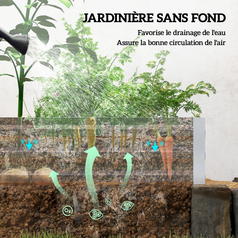 Outsunny Carré potager de jardin rectangulaire jardinière extérieure 241 x 90,5 x 30 cm tôle d'acier ondulée argent