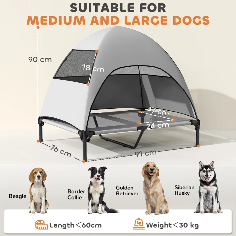 PawHut Pat pentru câini de exterior cu acoperiș, pat ridicat pentru câini mari, 91 x 76 x 90 cm, gri deschis