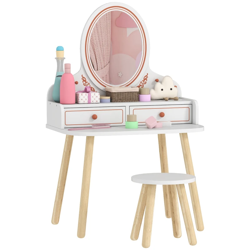 AIYAPLAY Toeletta Trucco per Bambini 3 a 8 Anni, con Sgabello, Specchio, 2 Cassetti e Barre Appendiabiti, Bianco