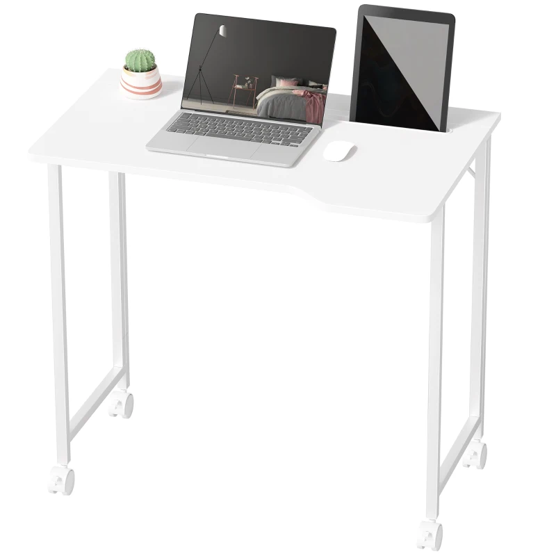 HOMCOM Small Folding Desk, with Wheels - White Wood-Effect
