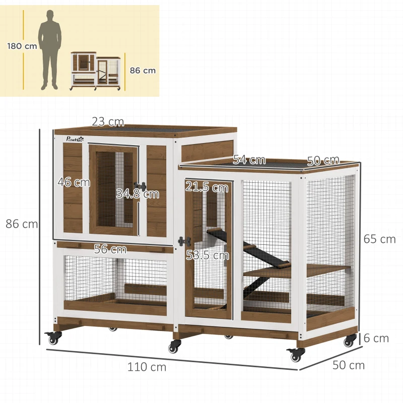 PawHut Cușcă pentru iepuri interior cușcă din lemn design luxos 3 nivele cu 3 tăvi detașabile 110 x 50 x 86 cm maro