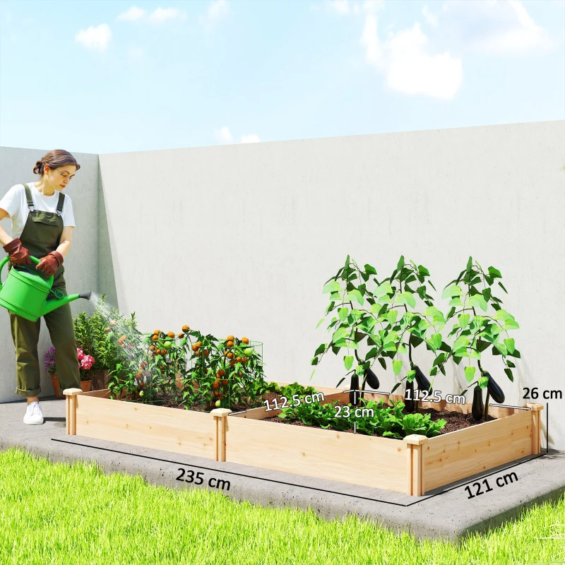 Outsunny Grădină Ridicată de Exterior cu Separator Central și Bază Deschisă, Jardinieră din Lemn de Brad, pentru Flori, Legume, Balcon sau Grădină, 235x121x26 cm, Culoare Lemn