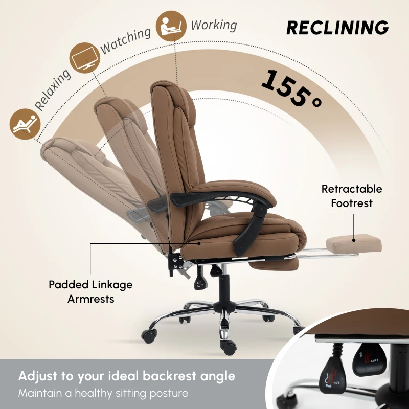HOMCOM 155° Reclining Faux Leather Swivel Office Chair - Brown