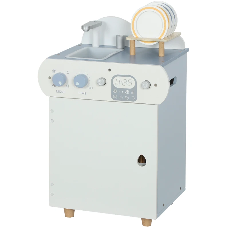 AIYAPLAY Set bucătărie cu chiuvetă, mașină de spălat vase din lemn pentru copii, 32 piese accesorii, MDF, pentru copii de la 3 ani, albastru deschis