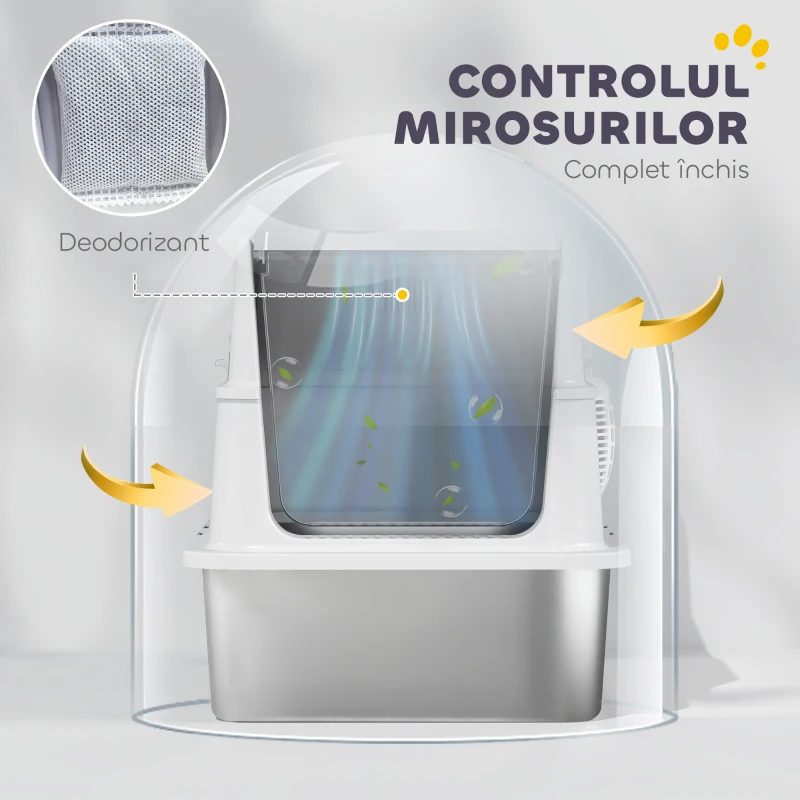 PawHut Extra Large din Oțel Inoxidabil, Litieră pentru Pisici cu Lopățică, Capac Rabatabil