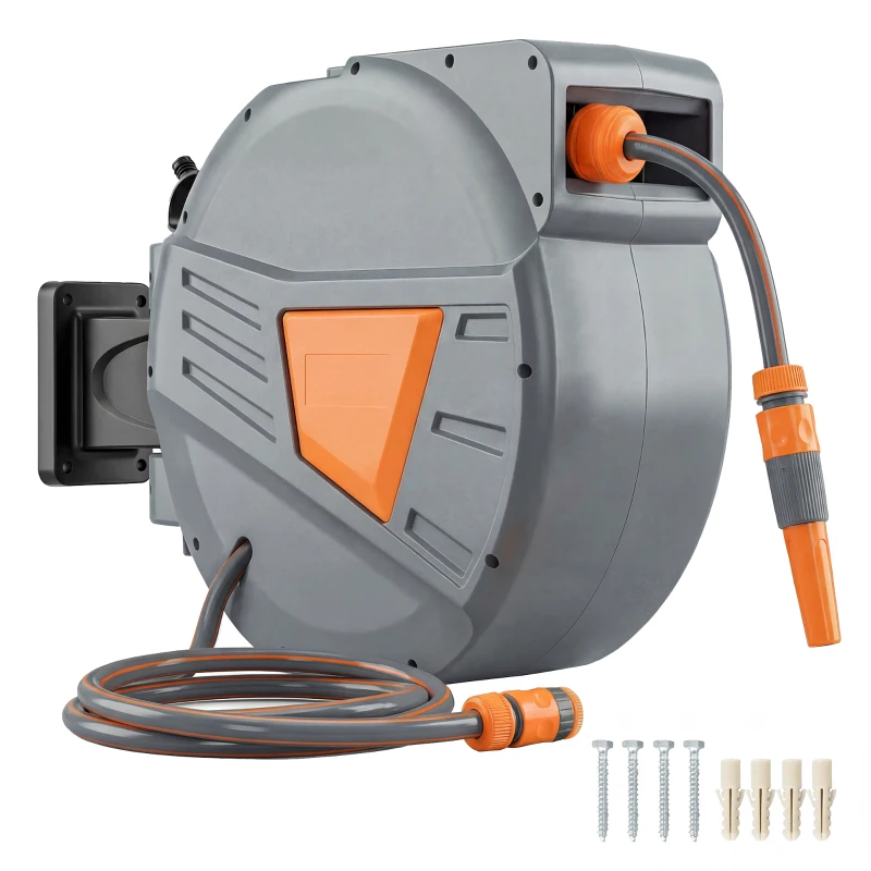 Outsunny Retractable Hose Reel Wall Mounted, 30+2m Garden Hose Pipe Reel with Auto Retraction, Self-Locking, Orange