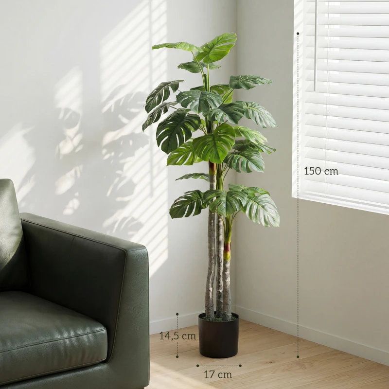 HOMCOM Árbol Artificial Planta Artificial Monstera H.1,5 m Tronco Ramas Líquen Hojas tortuga Gran realismo Maceta incluida