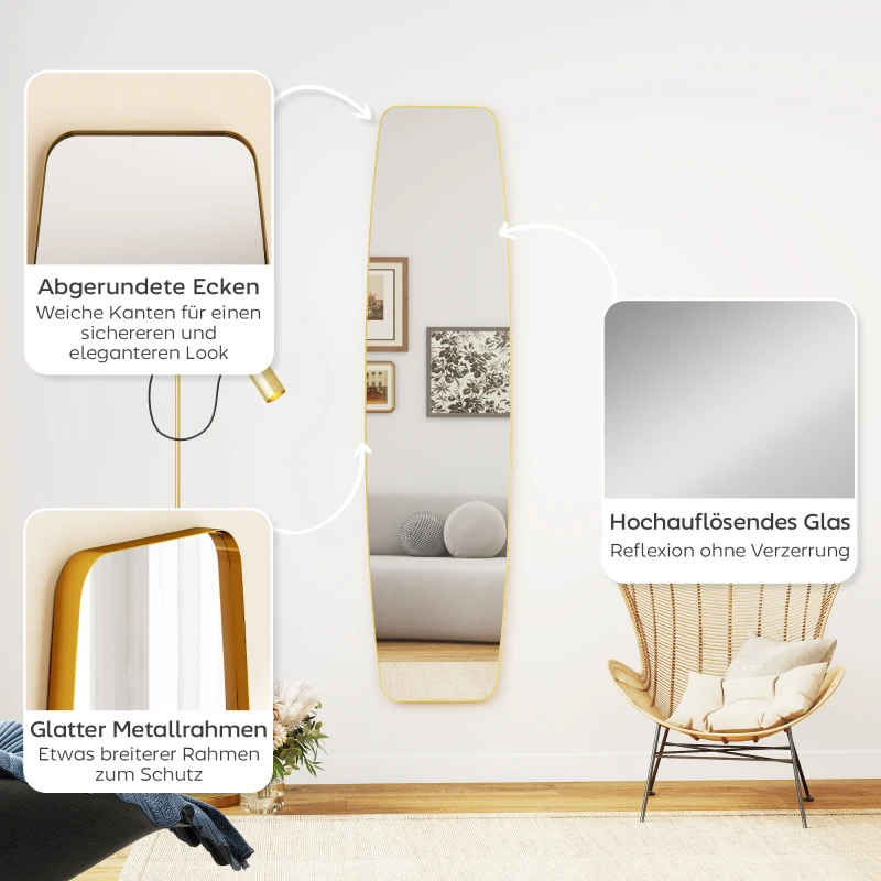 HOMCOM Wandspiegel spiegel met metalen frame, decoratieve hangspiegel voor hal, 160 x 40 x 3 cm, goud