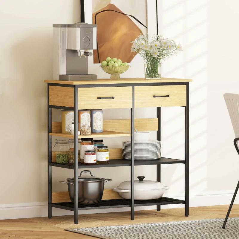 HOMCOM Sideboard, comodă cu 2 sertare, 3 rafturi deschise dulap de bucătărie pentru bucătărie, living 90 x 40 x 91 cm, lemn natural