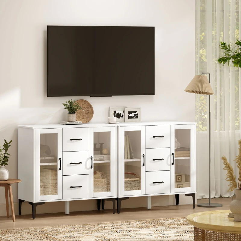 HOMCOM Bufet modern cu uși Soft-Close, bufet cu 3 sertare, 2 uși din sticlă, rafturi reglabile, MDF, Alb
