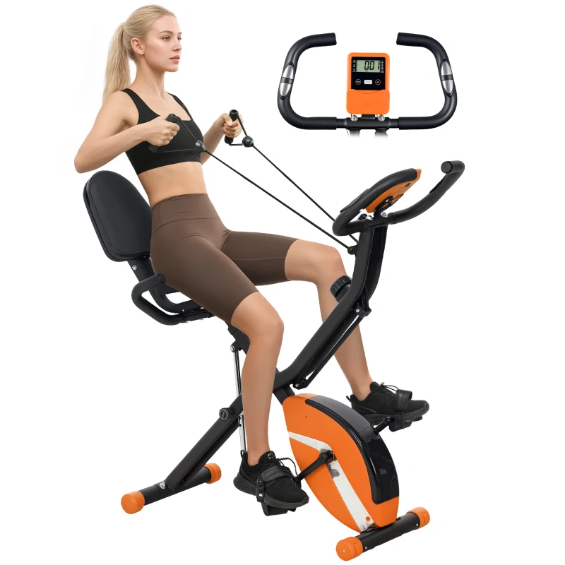 SPORTNOW Five-in-one Foldable Exercise Bike, Stationary Bike with Arm Workout Bands, LDC Monitor, Phone Holder, Orange
