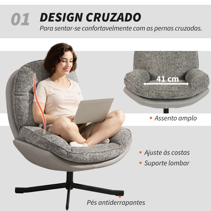 HOMCOM Poltrona Giratória Moderna com Base Cruzada Estofada em Chenille e Couro PU Assento Largo Duplo Pernas de Aço 78x95x99 cm Cinza
