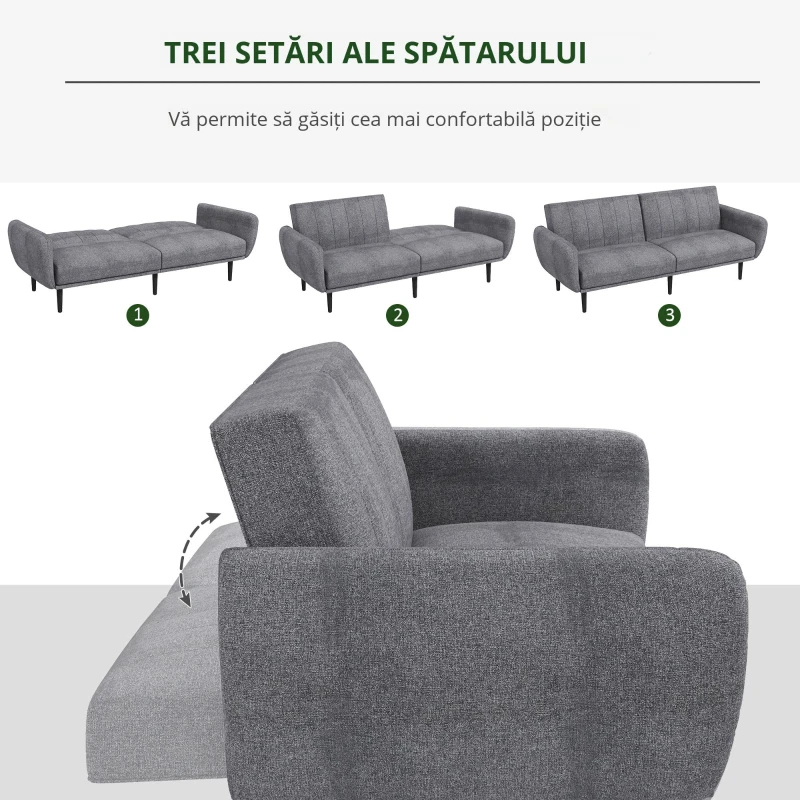 HOMCOM Canapea Extensibilă cu Spătar Rabatabil pe 3 Niveluri și 3 Locuri, Canapea Modernă din Material și Lemn, 208x84x82 cm