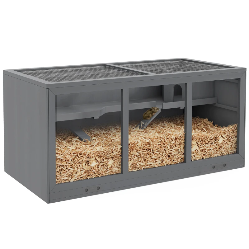 PawHut Zwerghamsterkäfig, Nagerkäfig, Kleintierbox, abschließbar, Holz, pflegeleicht, Grau