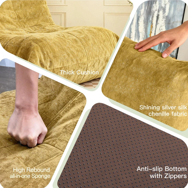 Chenille Bean Bag Lazy Sofa with High-Rebound Sponge, Ergonomic Soft Chair for Family, Children and Pets, 110L x 90W x 67H cm, Yellow