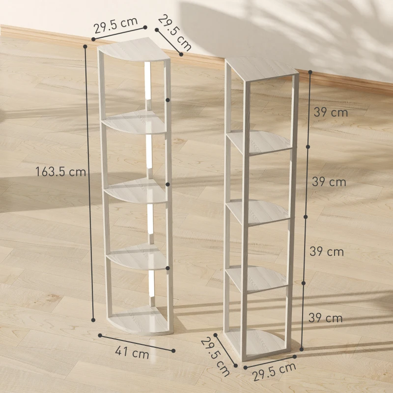HOMCOM Lampă LED de podea, raft de colț, dimabilă, 4 rafturi, lumină alb cald, 41x30x164cm, stejar