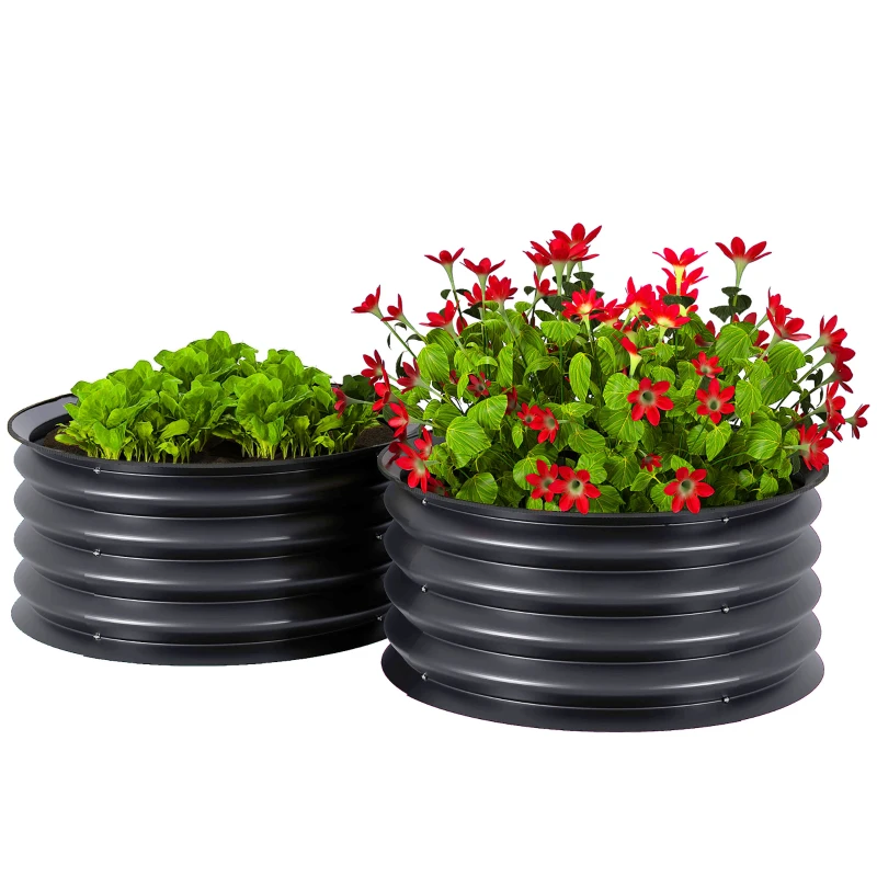 Outsunny Set de 2 containere de plantare galvanizate, Ø60 x 30H cm, ghivece cu fund deschis pentru diferite plante, Gri închis