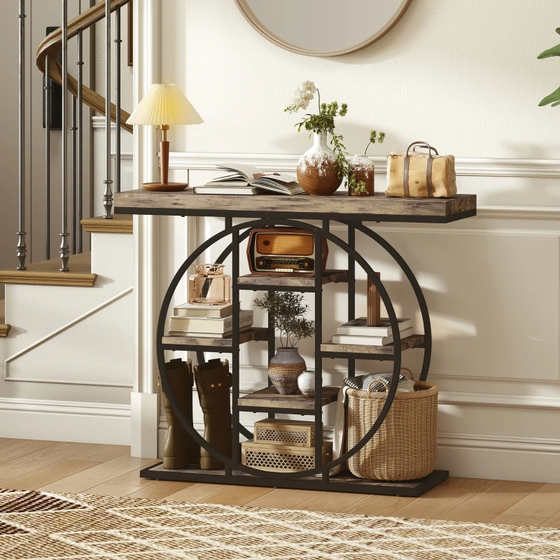 HOMCOM Industrial Console Table with Storage Shelves - Rustic Brown