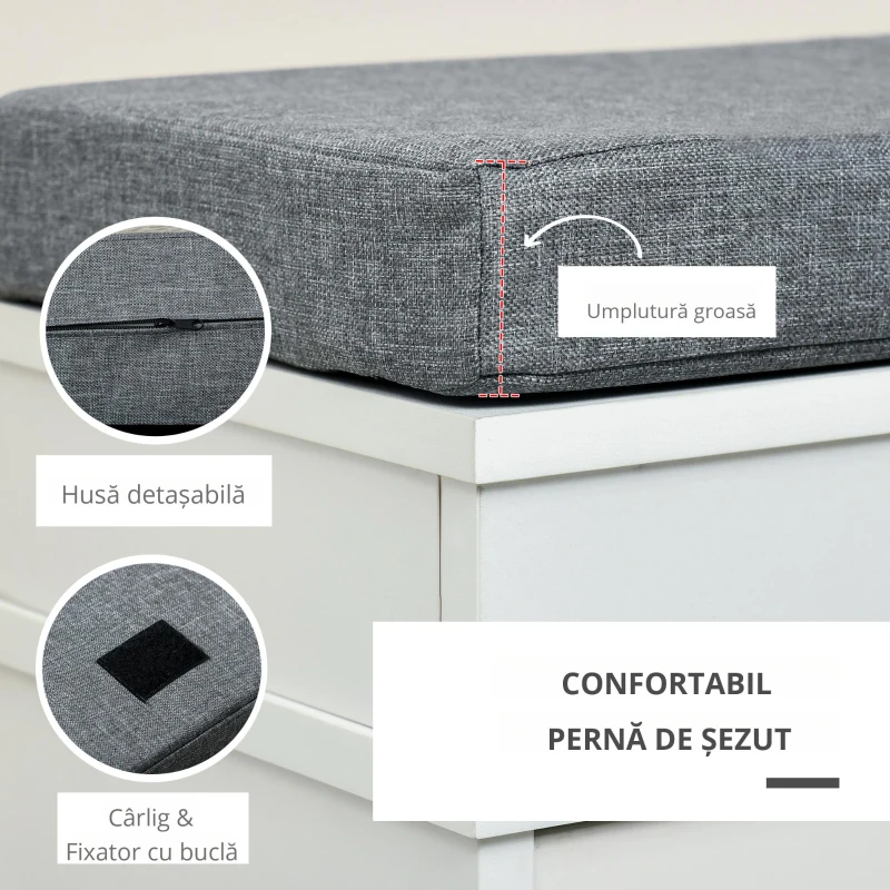 Homcom Bancheta Pantofar Lemn – Cu Sertare, Perna & Raft 8 Perechi