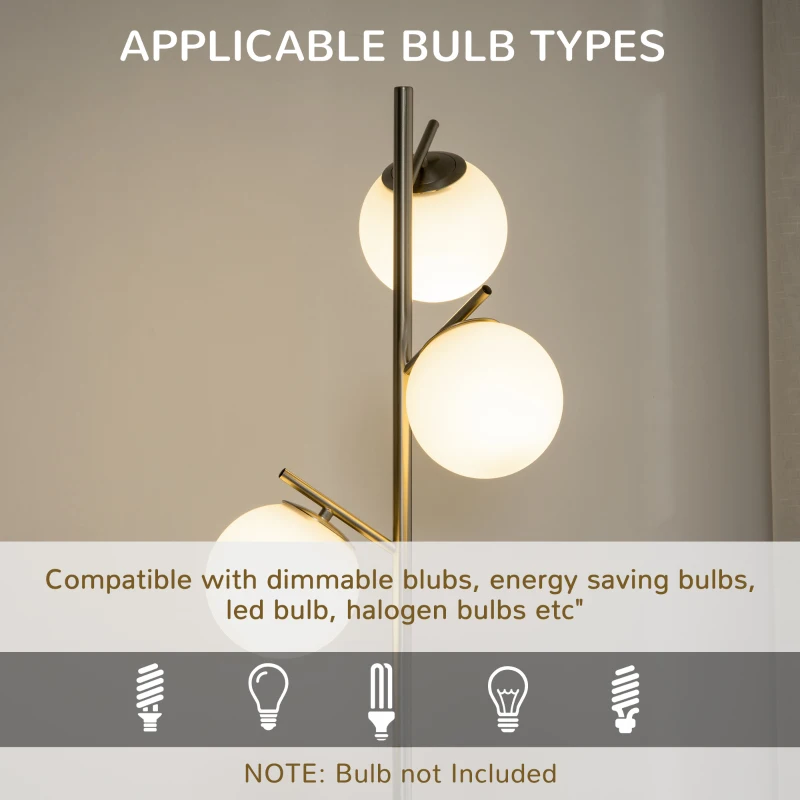HOMCOM 3-Light Tree Floor Lamps for Living Room, Modern Standing Lamp for Bedroom with Globe Lampshade, Steel Base, Bulb not Included, Silver Tone