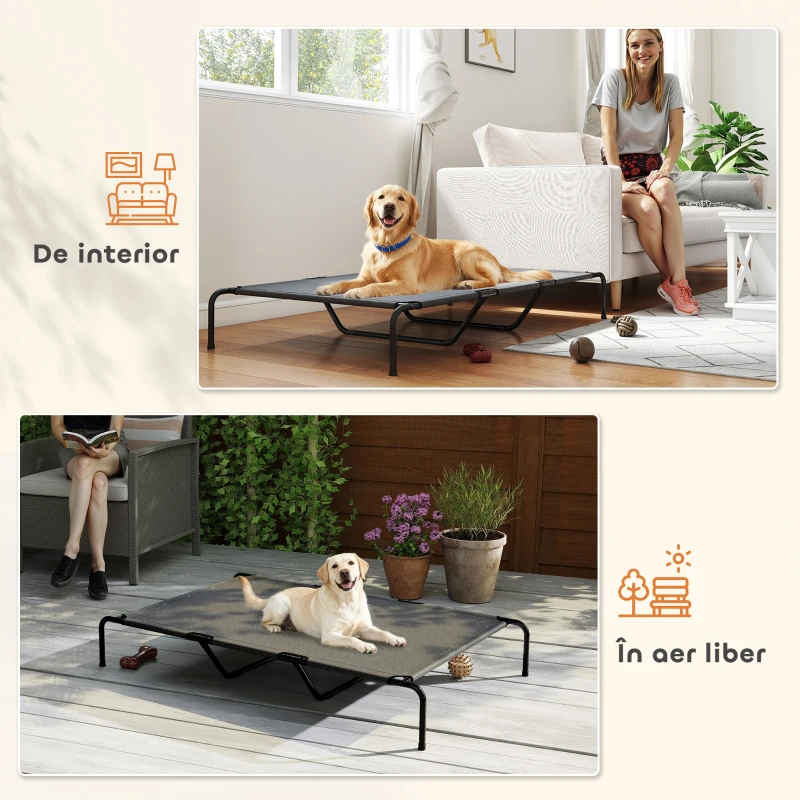 PawHut Pat Ridicat pentru Câini de Talie Mare, Targă Portabilă din Oțel și Plasă Respirabilă, Ușor de Montat, Gri, 152x94x23 cm