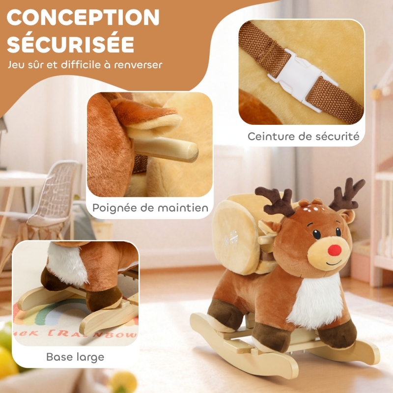 AIYAPLAY Cheval à bascule pour enfants, renne jouet à bascule bébé avec berceuses, ceinture de sécurité, 65 x 35 x 59 cm, marron