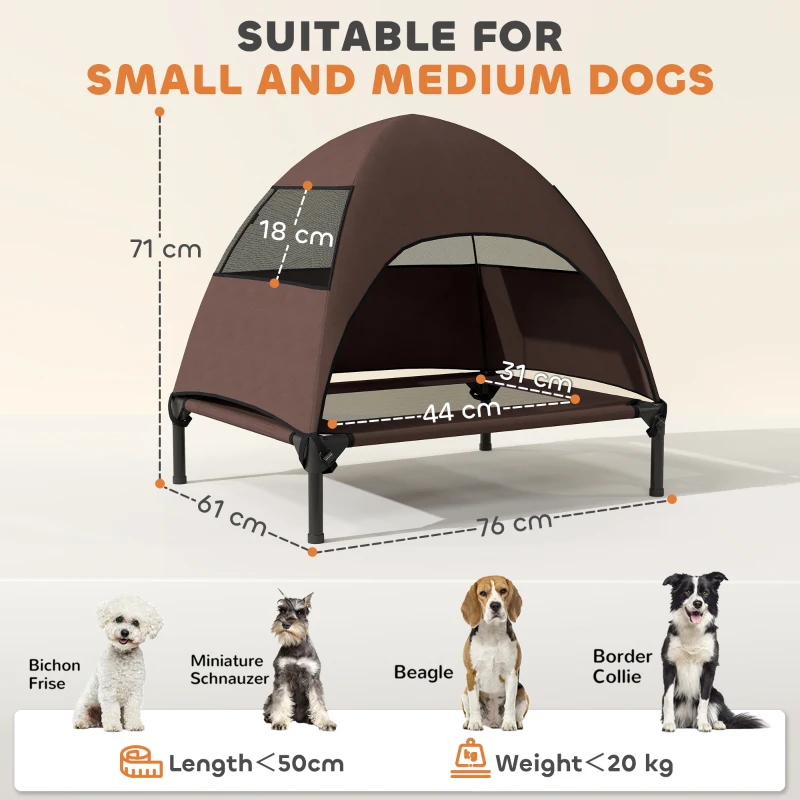 PawHut Cușetă pentru câini de exterior cu acoperiș, pat ridicat pentru câini de talie medie, 76 x 61 x 71cm, Cafea