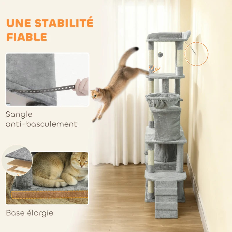 PawHut Arbre à chat tour de jeux 7 poteaux à griffer 3 platesformes 2 niches tunnel hamac et 2 pompons 170 cm gris foncé