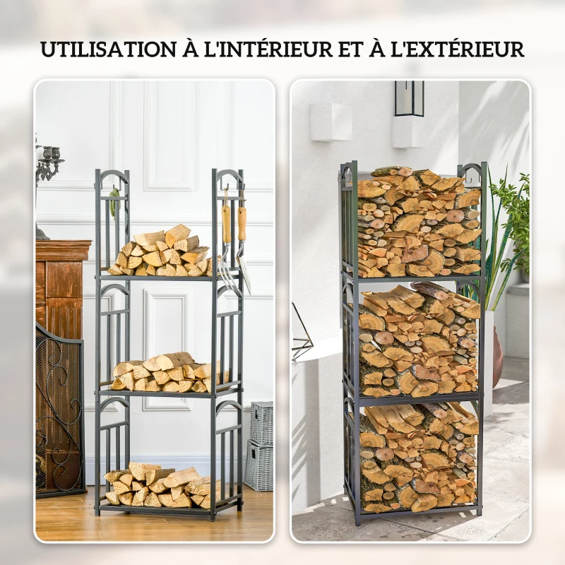 Outsunny Range bûches Porte-bûches range rack à bûches pour bois de cheminée modulable 4 crochets dim. 46 x 32 x 126 cm