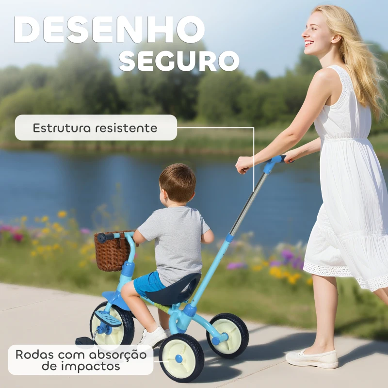 AIYAPLAY Triciclo para Bebés 2 em 1 Triciclo Evolutivo para Crianças com Barra Parental Ajustável Apoio para Pés Rebatível e Cesto 93,5x47x96 cm Azul