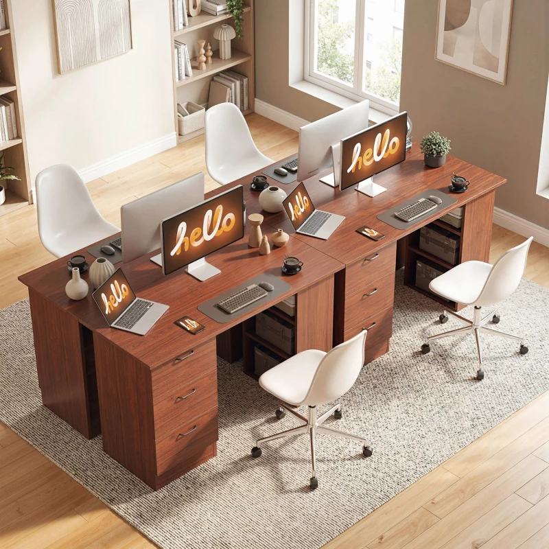 HOMCOM Computer Desk, Writing Table, PC Workstation with 3 Storage Shelves and Drawers, Handle, for Home Office, Walnut Brown
