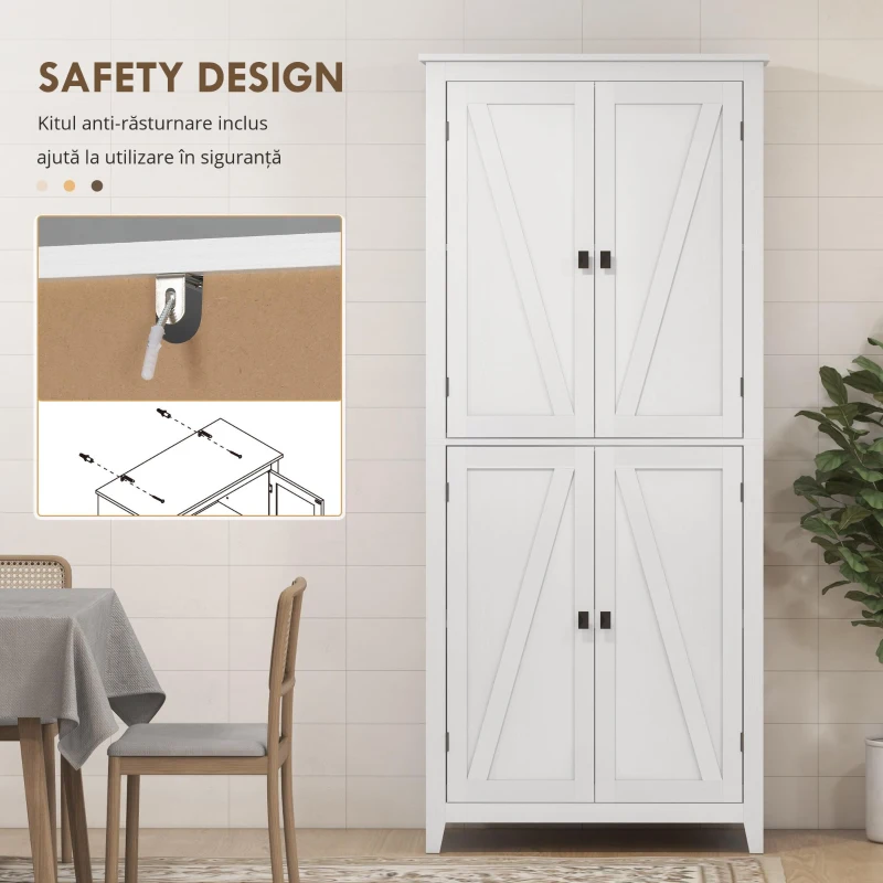 HOMCOM Bufet Modern cu 4 Uși, Rafturi Reglabile și Bază Înălțată, Dulap pentru Bucătărie, 80x40x182 cm, Alb