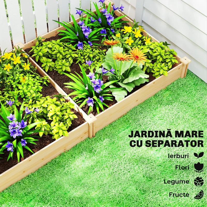 Outsunny Grădină Ridicată de Exterior cu Separator Central și Bază Deschisă, Jardinieră din Lemn de Brad, pentru Flori, Legume, Balcon sau Grădină, 235x121x26 cm, Culoare Lemn